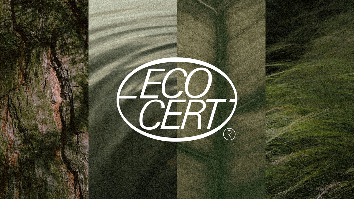 ECOCERT logo over a collage of natural green forest, fabric and plant textures