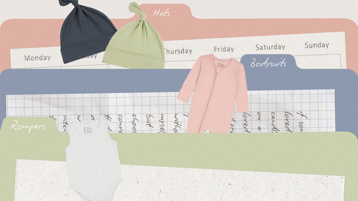 Collage of babies wearing soft bamboo clothing alongside bamboo plants and pastel colours