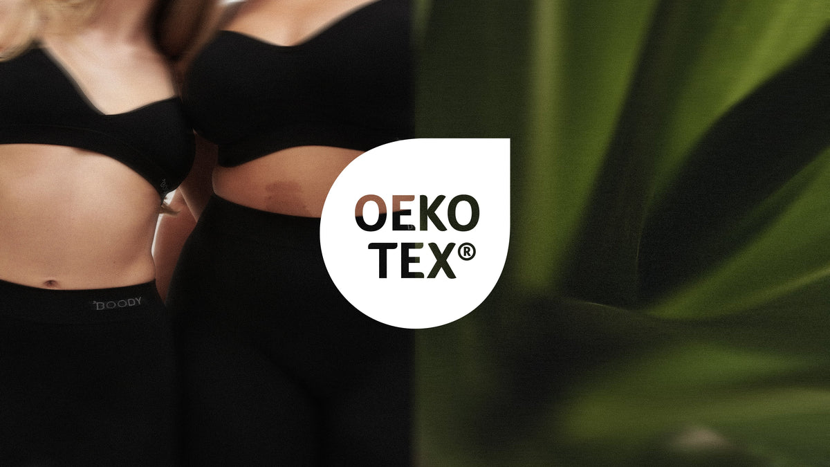 OEKO-TEX certification logo over Boody underwear and green bamboo imagery
