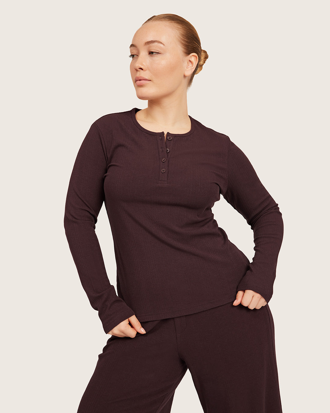 Long Sleeve Henley Top - Mulberry